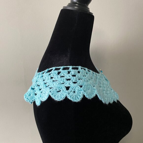 Handmade Crochet Blue Bamboo Rayon Cotton Wide Neck Collar Neckwear Accessory - Picture 5 of 6